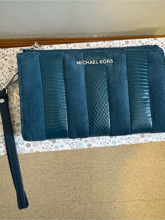 Michael Kors Handbags - Michael Kors Teal Patchwork Suede and Embossed Leather Wristlet